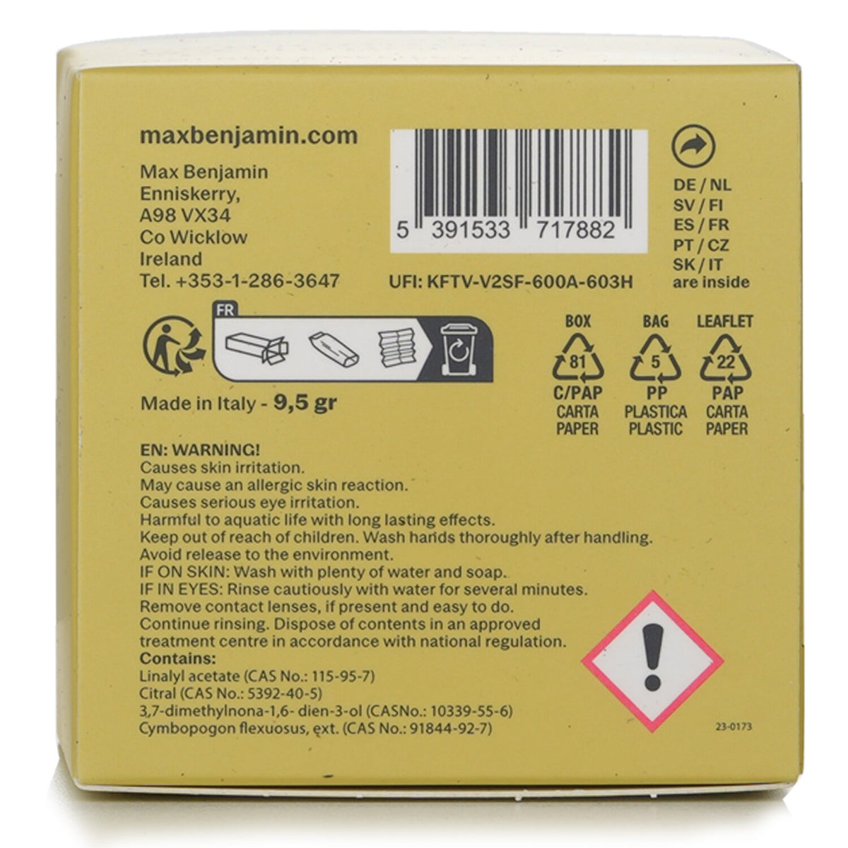 Max Benjamin - Car Fragrance - Lemongrass & Ginger - 1pc