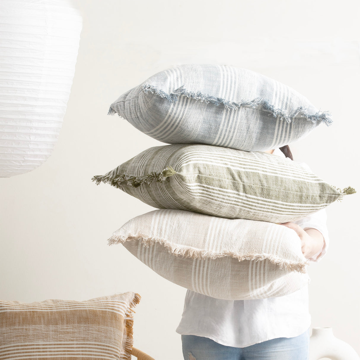 Kent Stripe Cushion Twin Pack 50 x 50cms Polyester Fill - Eucalyptus