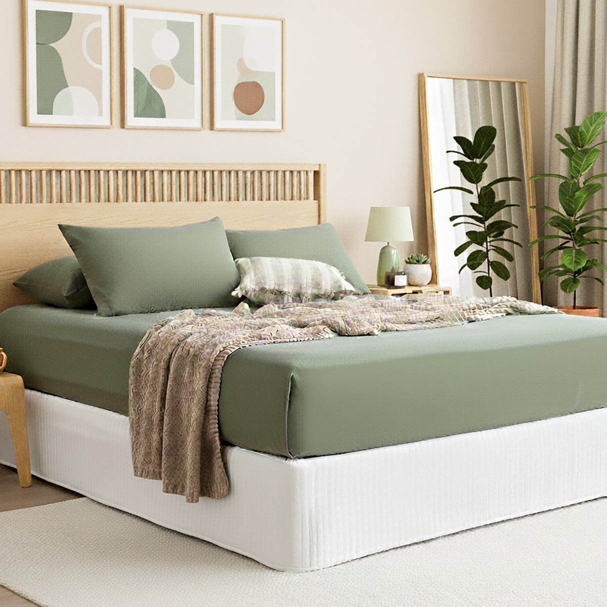 Renee Taylor Comfort Organic Fitted Sheet & Pillowcase - Double Olive