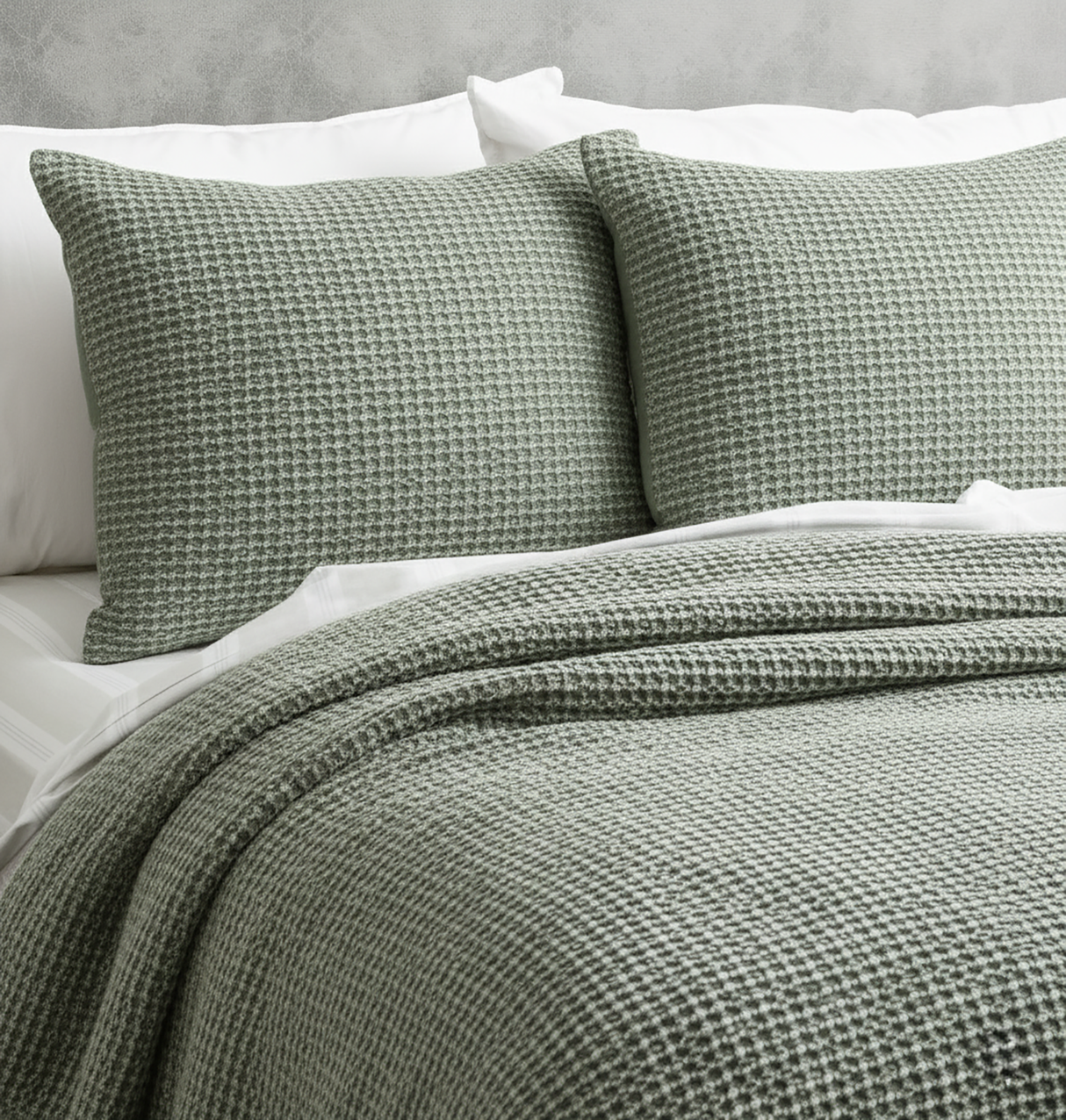 Cloud Linen Stone Washed Cotton Waffle Comforter Set King/Super King Moss