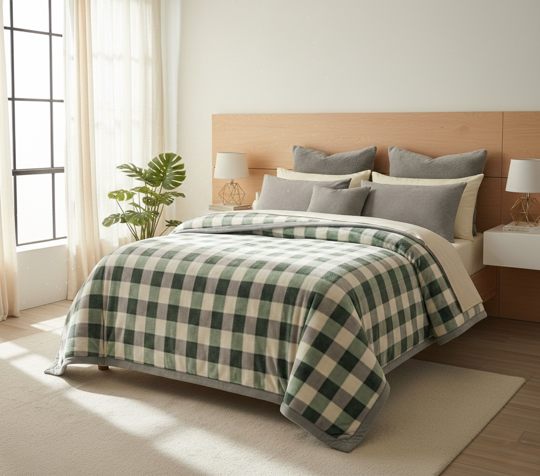 100 % Acrylic Super Soft Heavy Weight Printed Mink Blanket 220 x 240cms Check