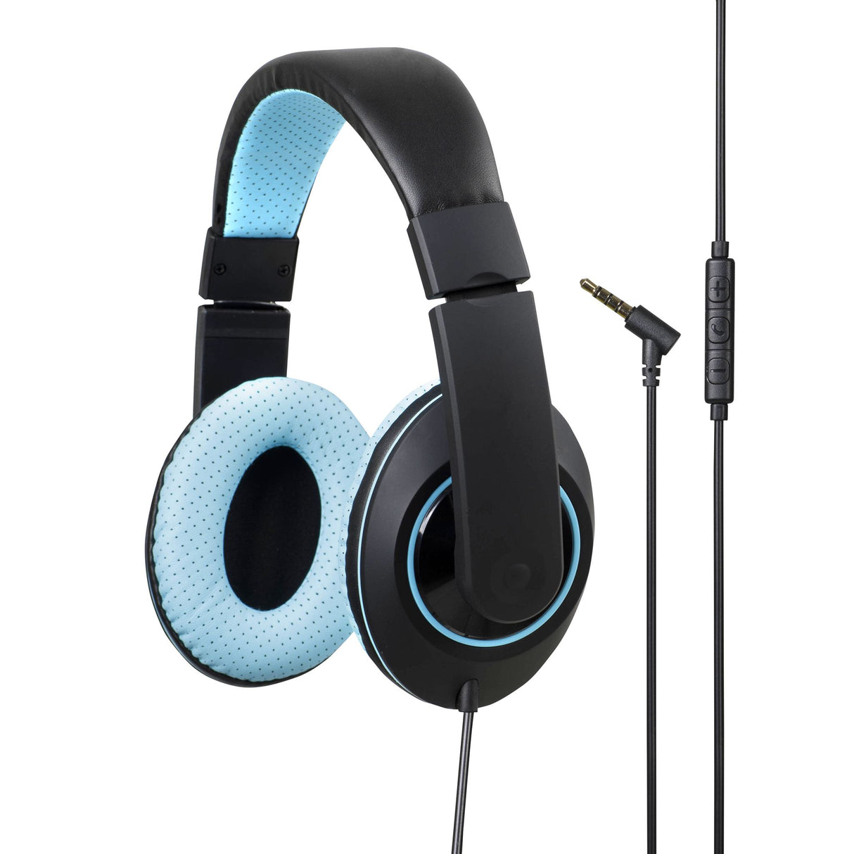 Blue Kensington over-ear headphones with inline mic, volume control, and soft ear pads for comfort and acoustic sound.