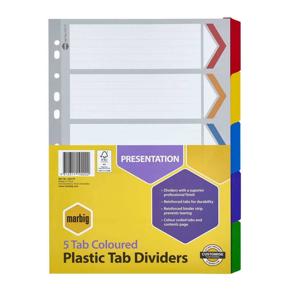Marbig A4 dividers in vibrant colors with reinforced board, plastic tabs, and table of contents for effective document organization.