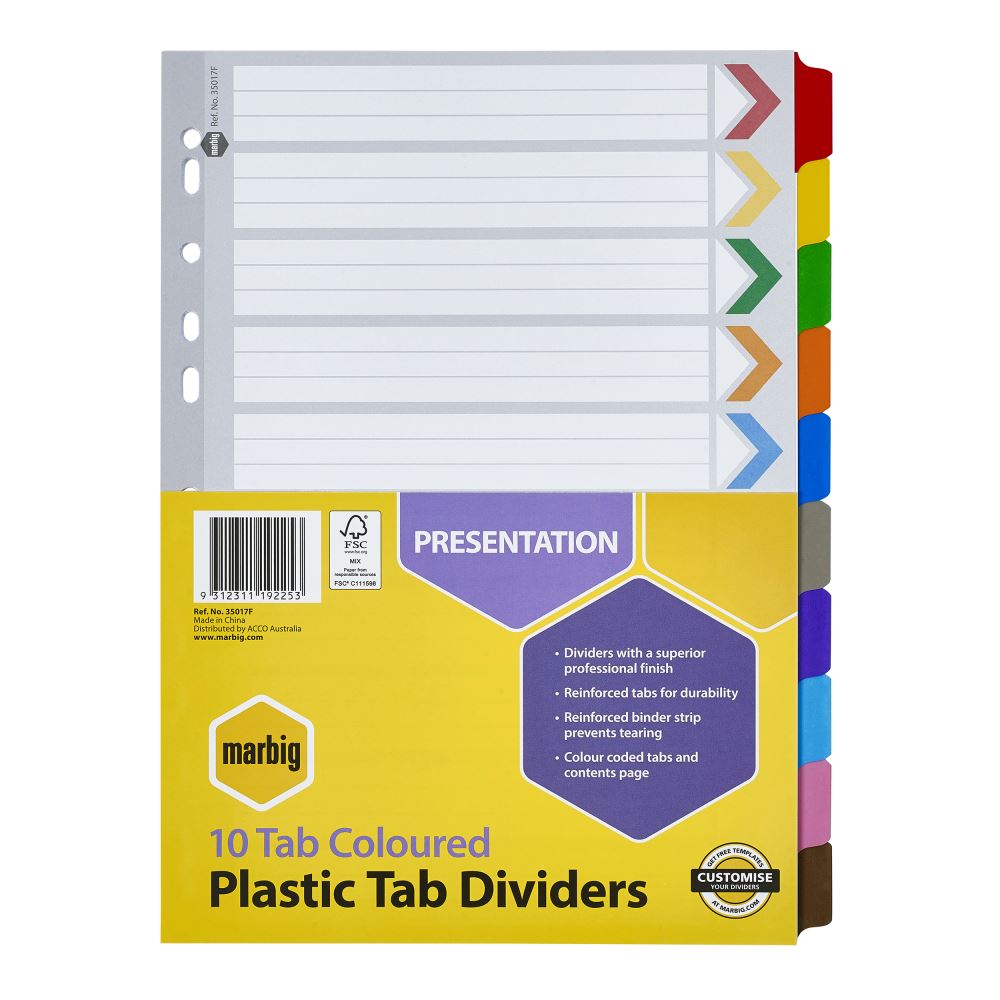 Reinforced A4 dividers with plastic tabs, colored contents, and custom labeling options for organized document management.