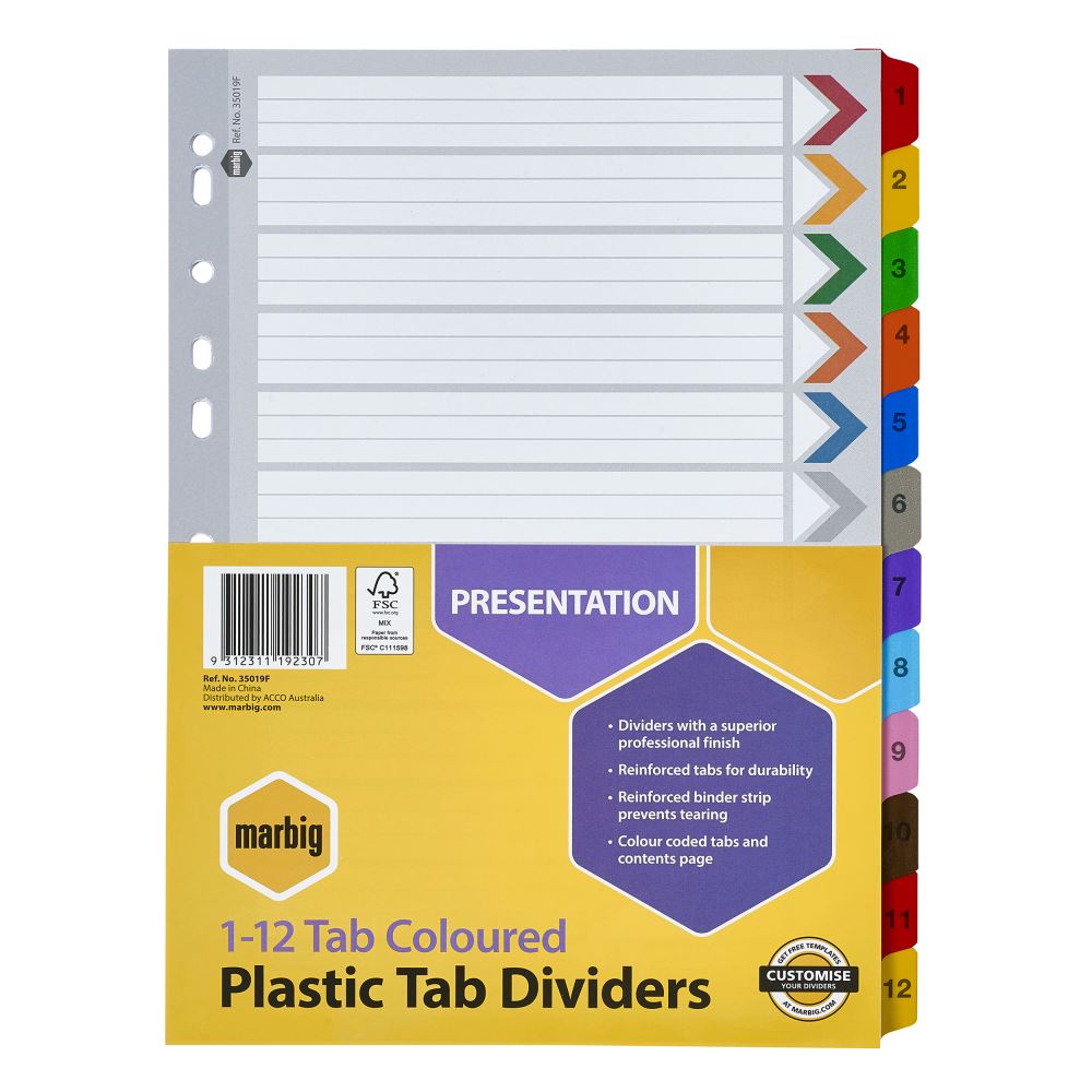 Marbig A4 dividers with reinforced board and plastic tabs for organized and durable paperwork management.