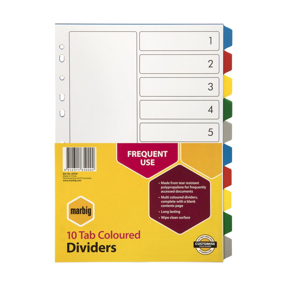 Marbig A4 10-tab polypropylene dividers, multicolored with customizable tabs for efficient document organization.