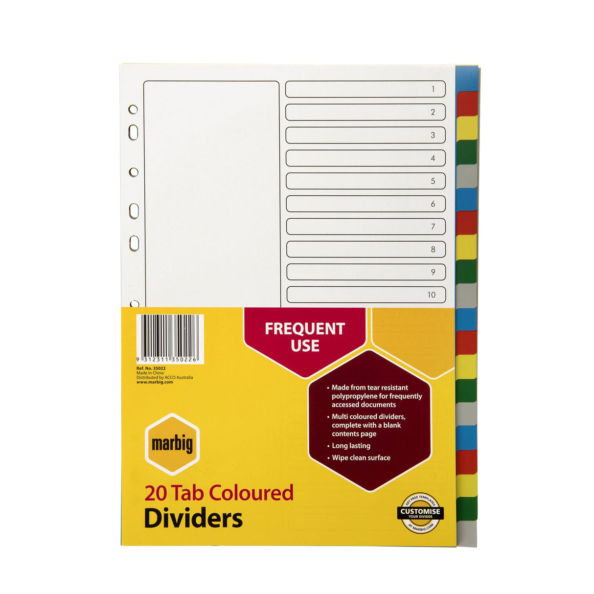 Marbig A4 dividers with 20 multi-coloured tabs, made of durable polypropylene for easy document organization.