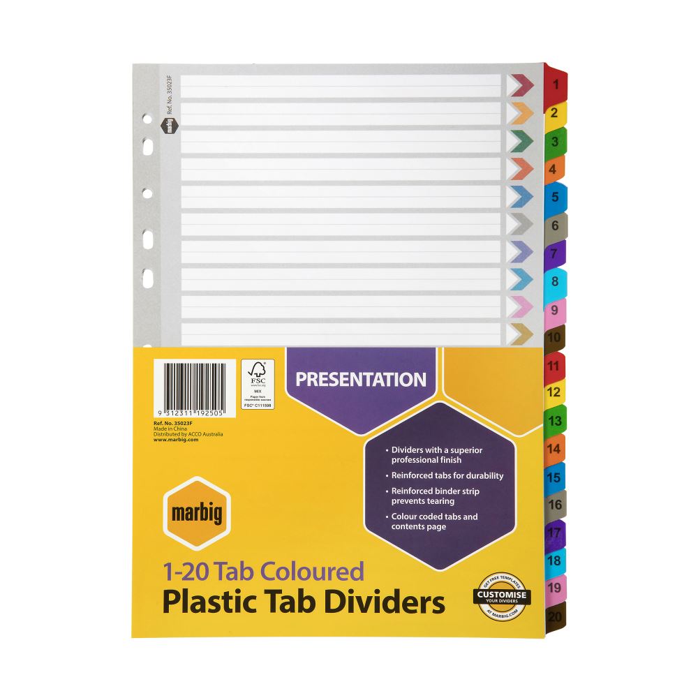 Marbig A4 dividers with reinforced board, colored tabs, and contents page for easy document organization.