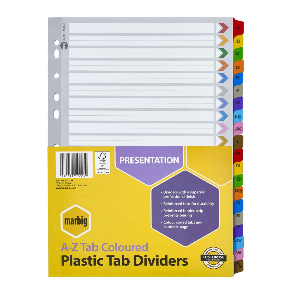 Marbig A-Z reinforced dividers in A4 size with colorful tabs and durable binding for efficient document organization.