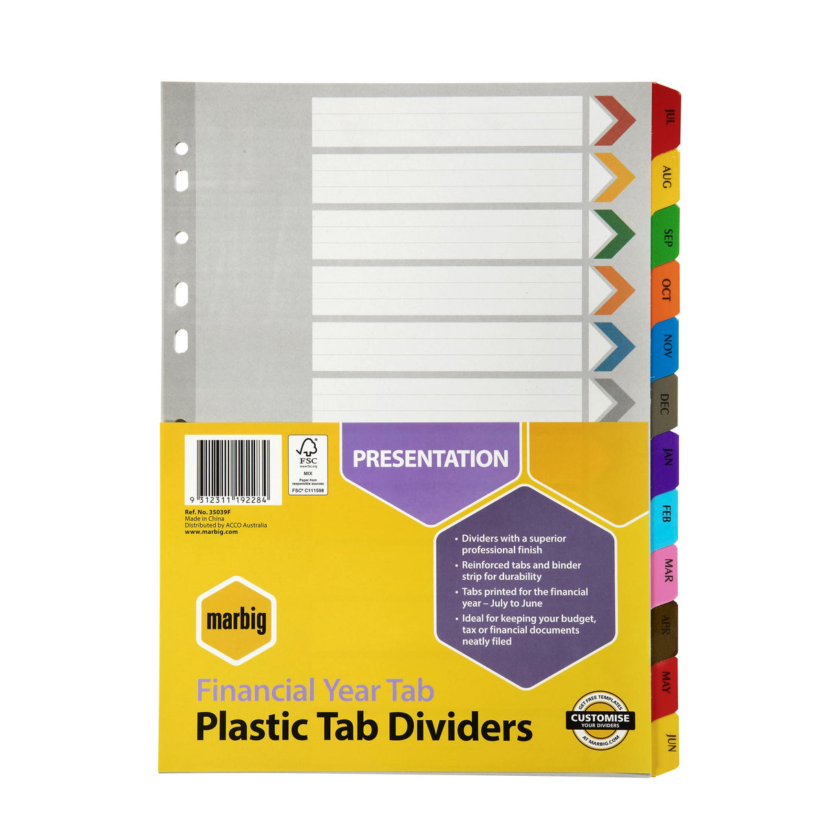 Marbig A4 reinforced board dividers with color-coded tabs and table of contents for organized document management.
