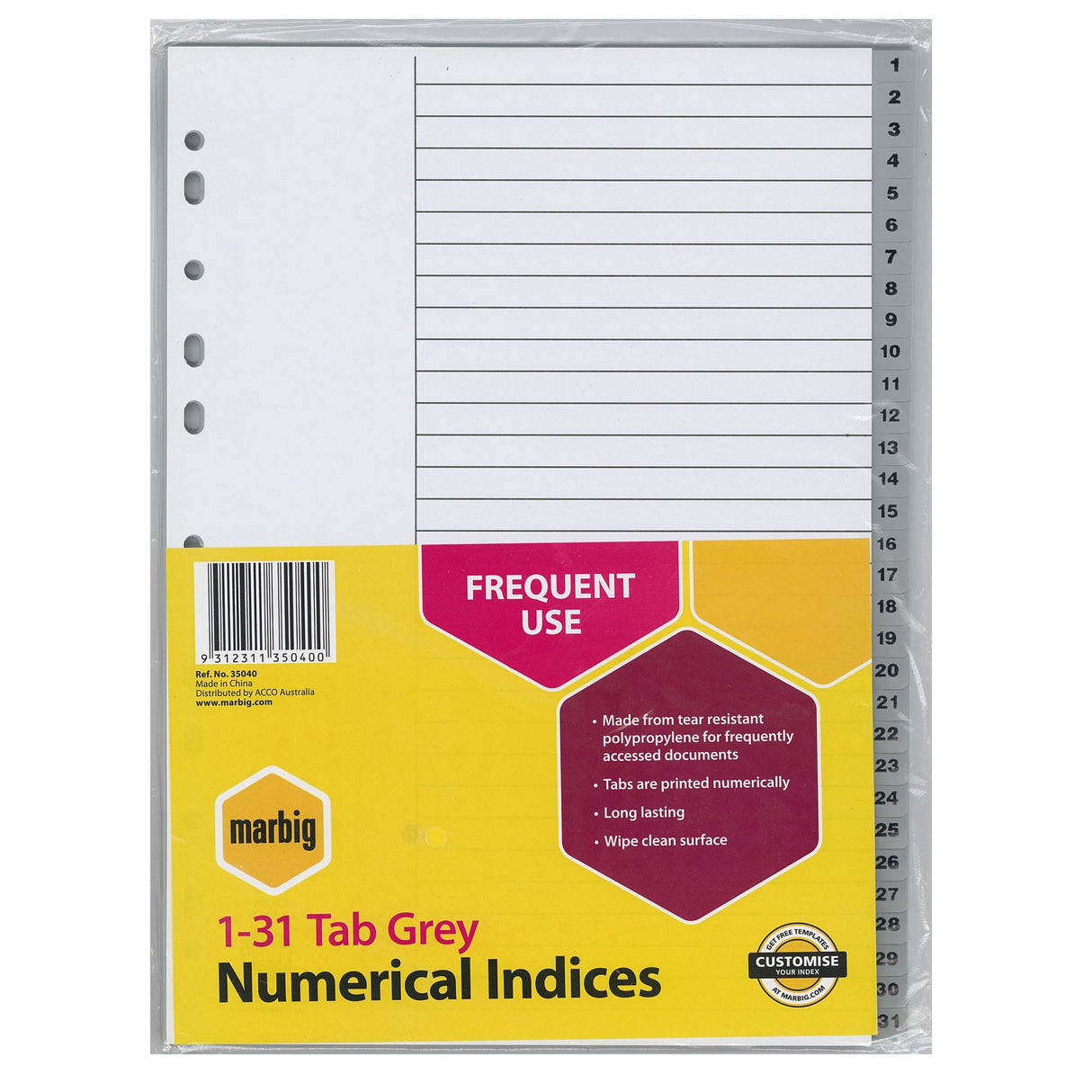 Durable grey polypropylene indices with 1-31 tabs for efficient categorization and organization in binders.
