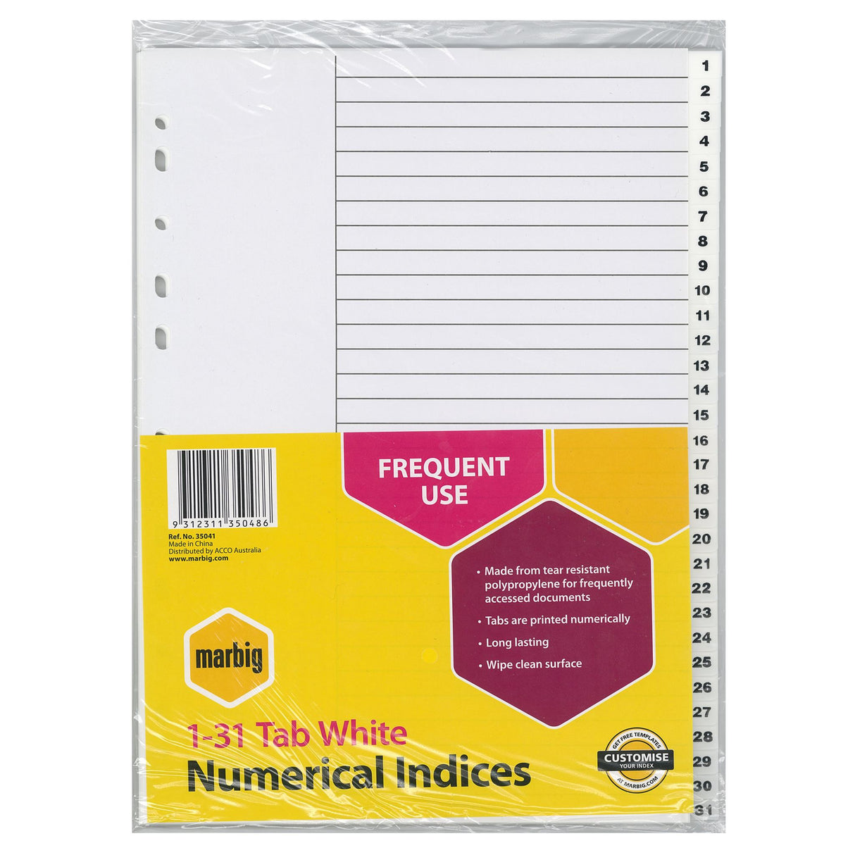 Marbig A4 1-31 Tab indices in sleek white PP for efficient, waterproof document organization and easy access.