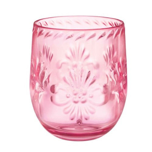 Boho Vibes pink floral stemless wine glass with debossed finish, perfect for elegant sips and stylish gatherings.