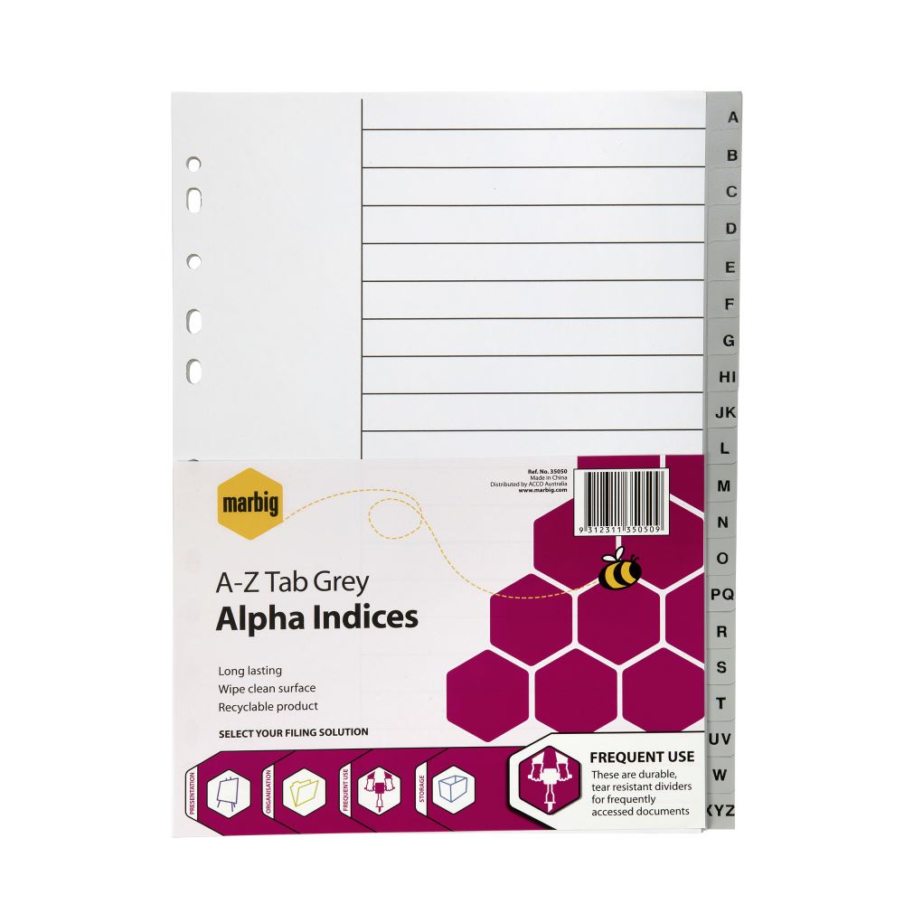 Marbig Indices Grey PP A4 A-Z Tab dividers for efficient alphabetical organization, durable and waterproof design, elegant grey color.