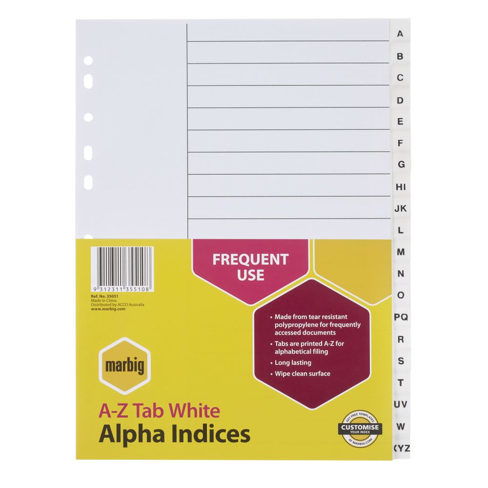 Durable Marbig A4 A-Z tab dividers in white, ideal for efficient organization and waterproof for easy cleaning.