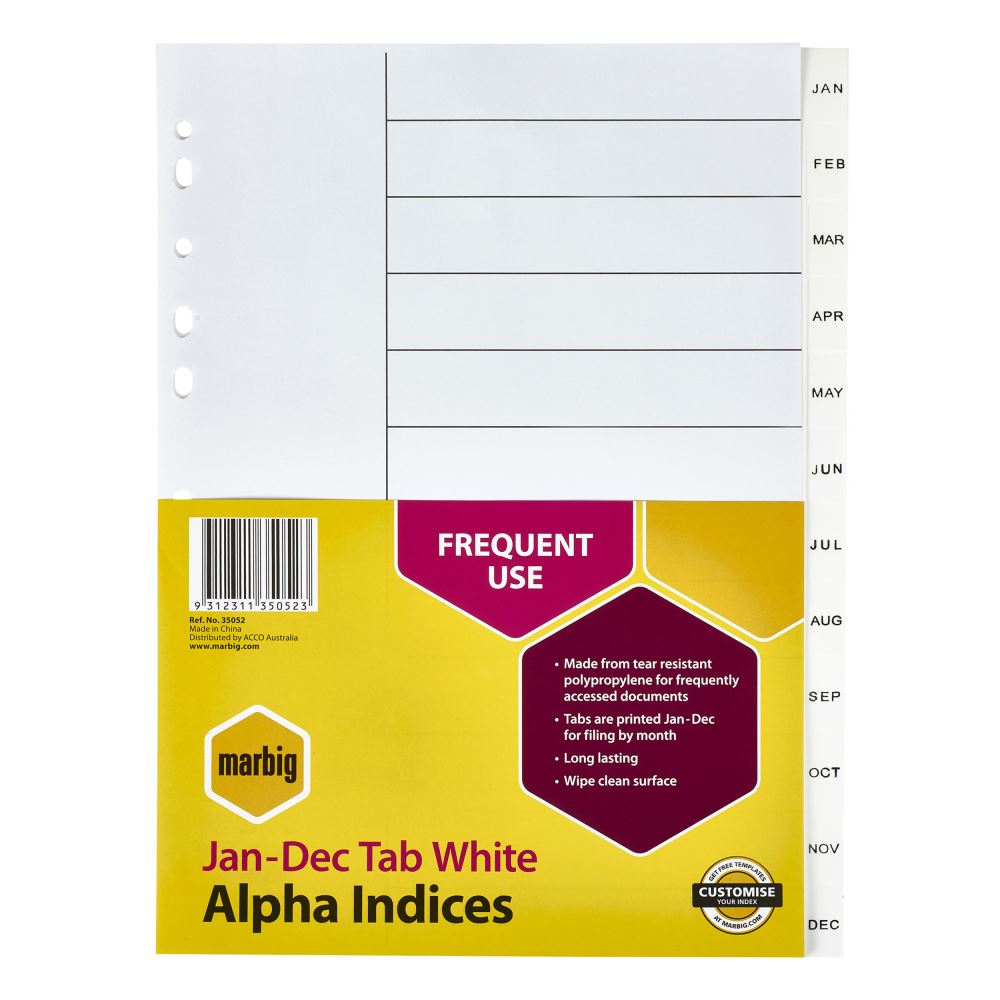 Durable Marbig A4 dividers with waterproof properties, featuring Jan-Dec and A-Z tabs for organized filing.