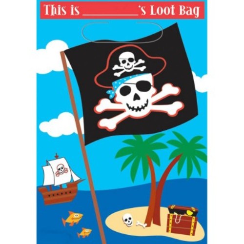 Colorful pirate-themed loot bags, pack of 8, perfect for kids' parties and treasure hunts.