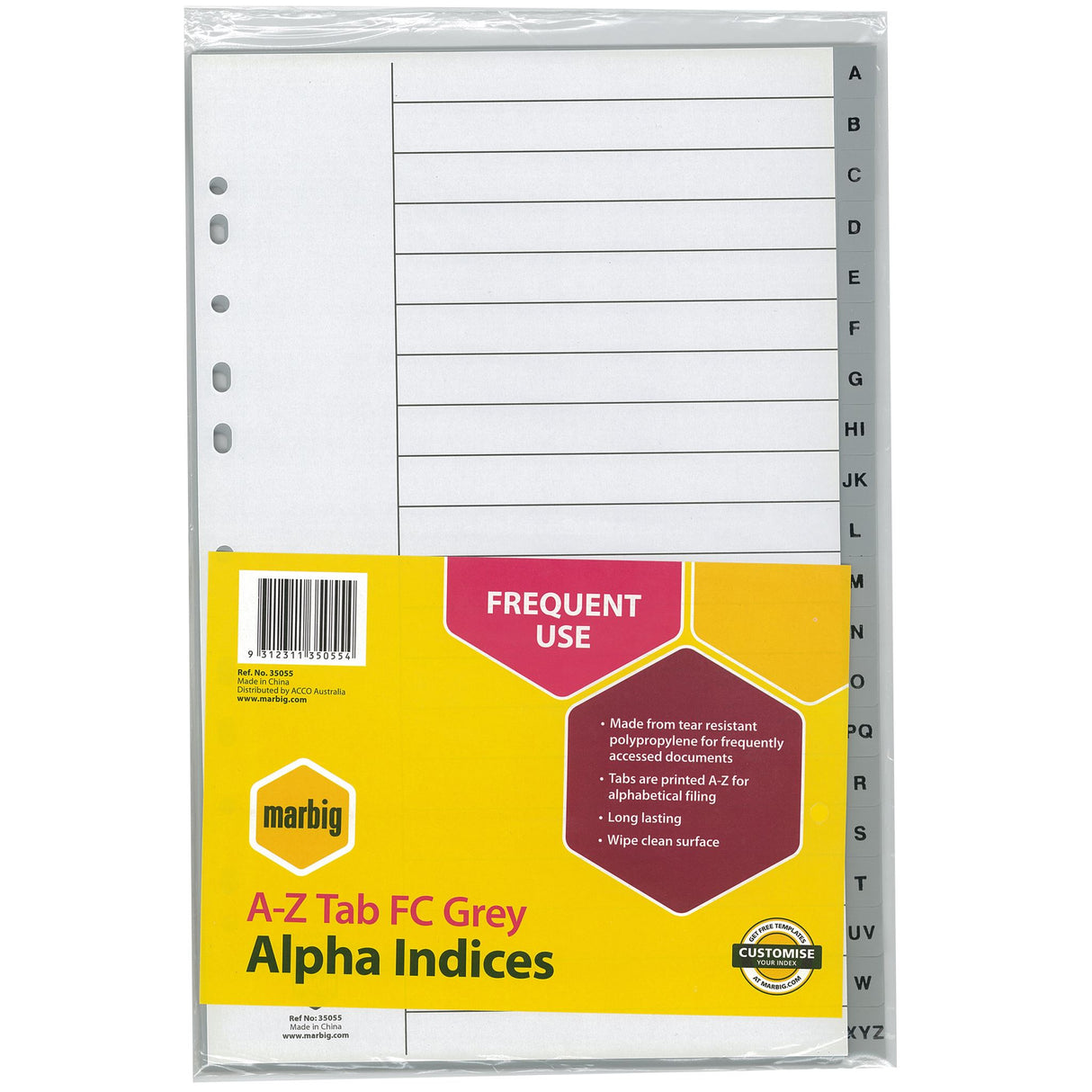 Durable grey polypropylene A-Z index dividers for organized filing, waterproof and easy to clean for versatile use.