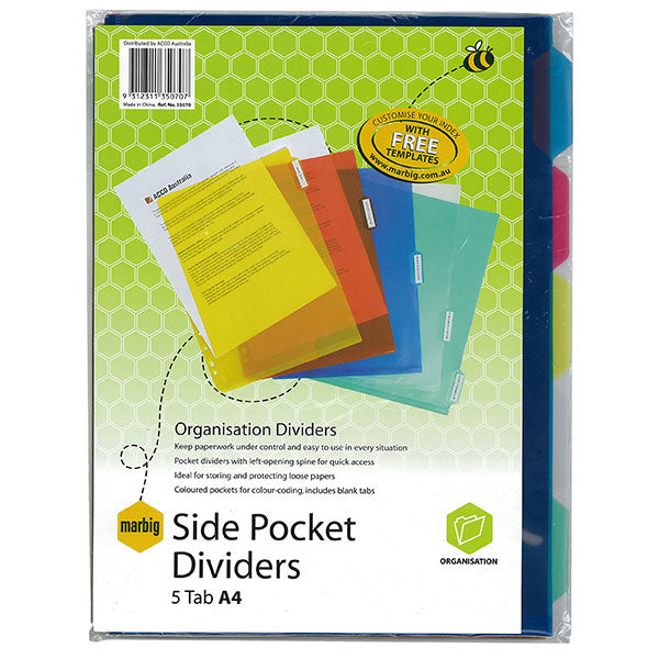 A4 PP pocket dividers with five colored tabs and full pockets for organizing and protecting documents efficiently.