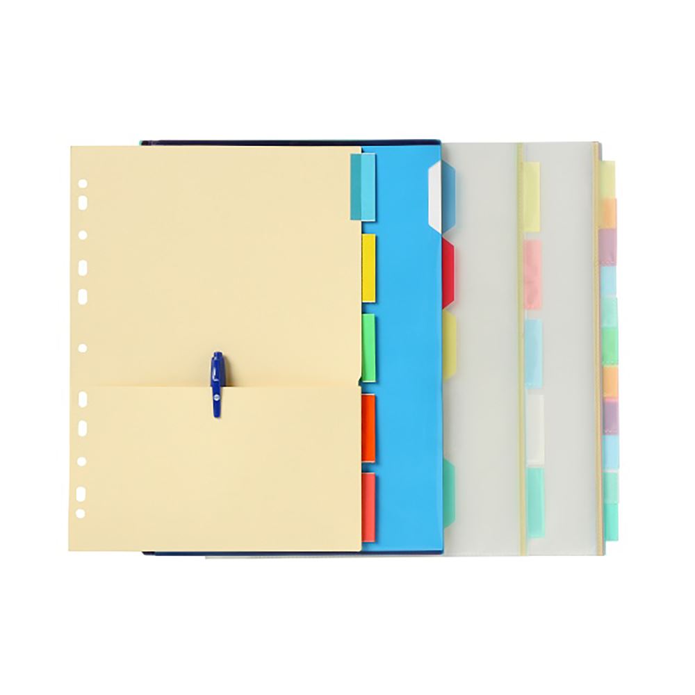 Marbig A4 dividers with clear pockets and 10 vibrant tabs for easy organization and document protection.