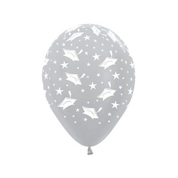 Latex Balloons - Graduation Hats And Stars - 12 Pack (Satin Pearl Silver)