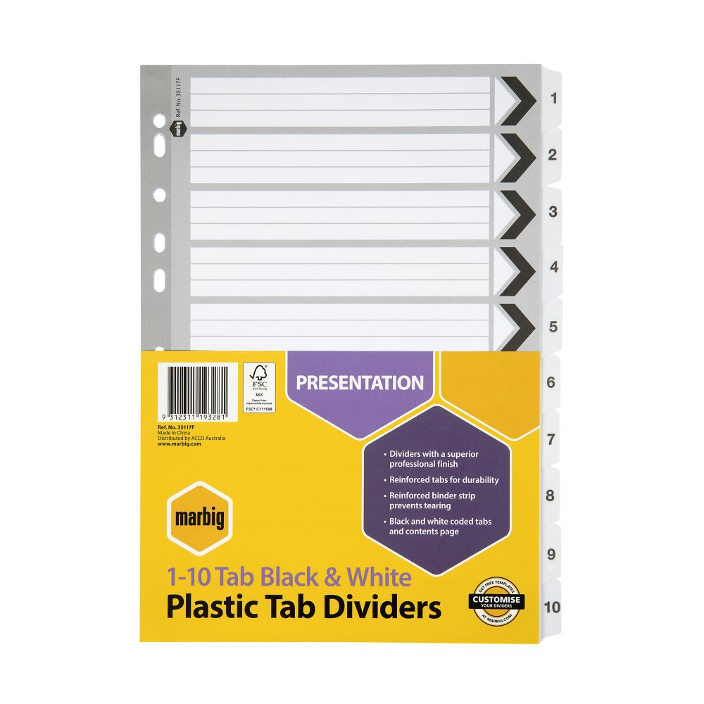 Marbig A4 dividers with 10 reinforced black/white tabs for organized documents and a stylish, professional look.