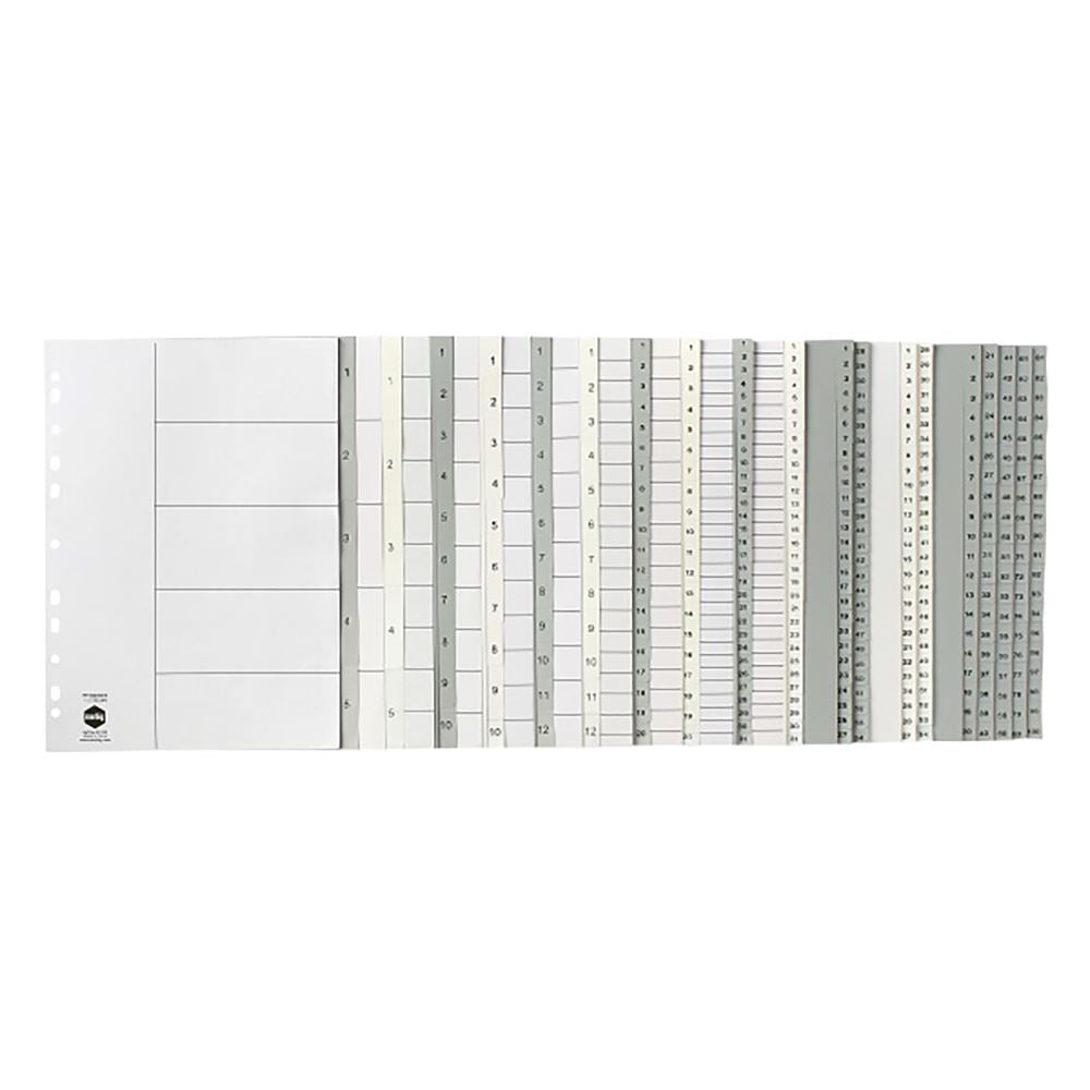 Marbig Indices Grey PP A4 1-10 Tab for organized document management with durable, waterproof dividers and clear numeric tabs.