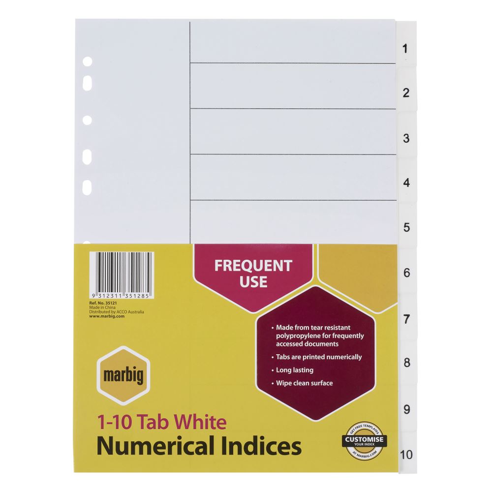 A4 Marbig Indices with 1-10 tabs, made from durable, waterproof polypropylene for organized document filing.