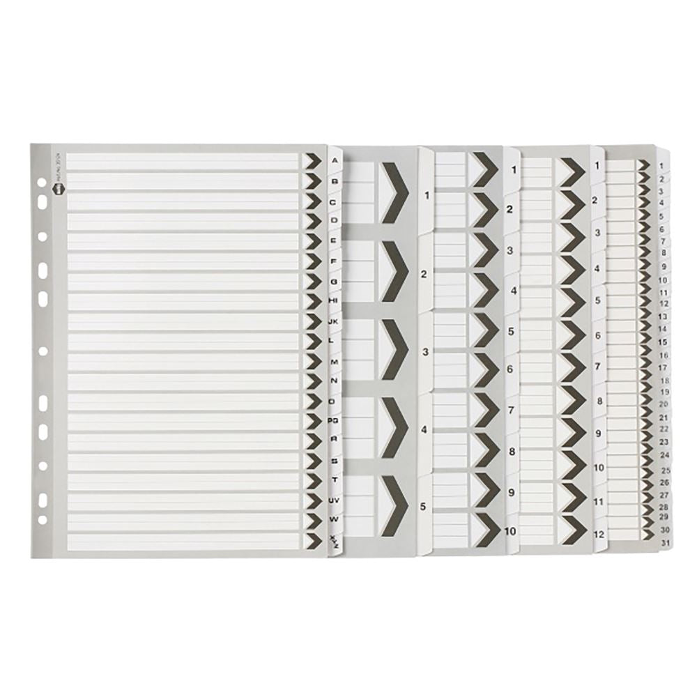 Black and white A4 dividers with reinforced A-Z tabs for efficient document organization and professional appearance.
