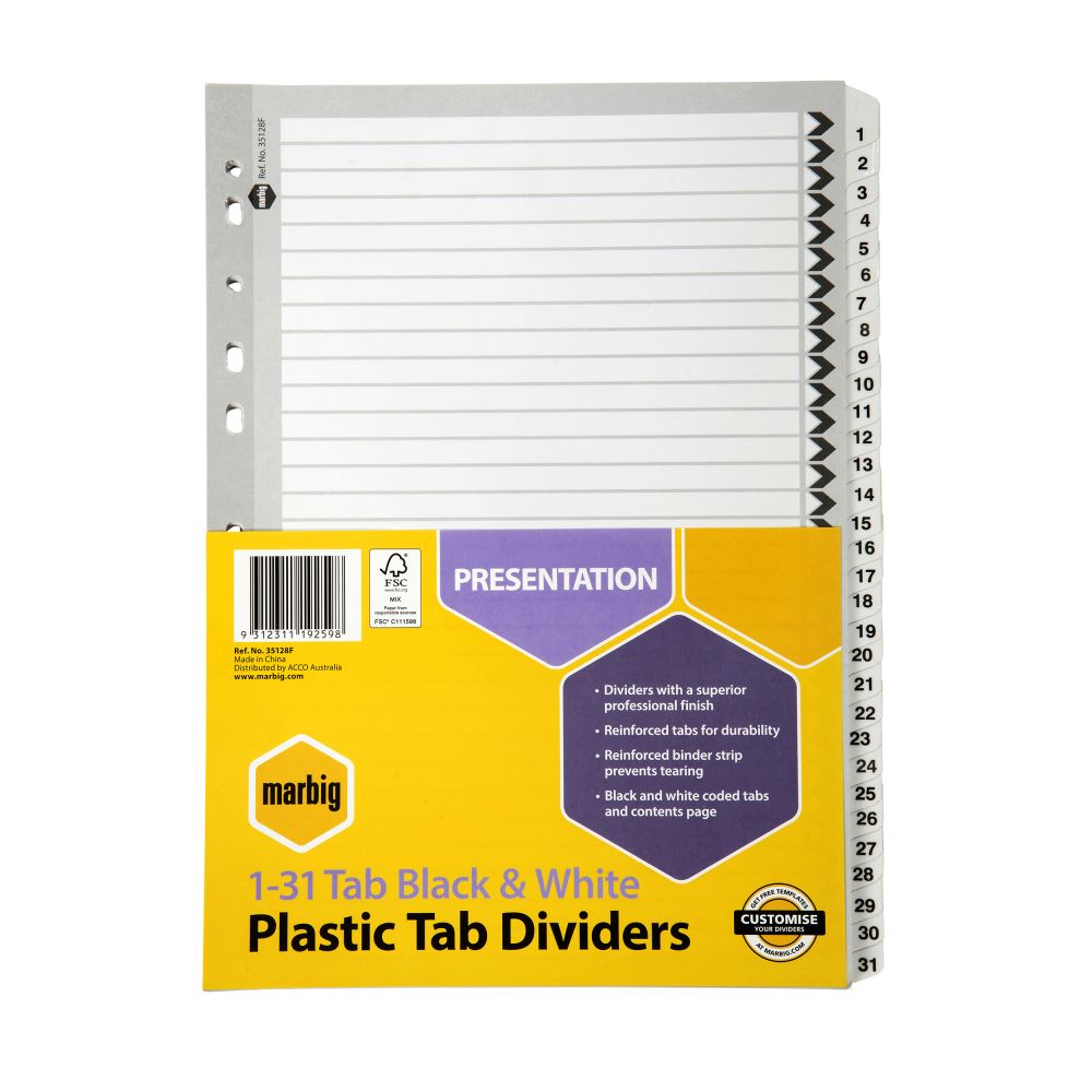 Marbig 31-tab dividers in black and white, made from reinforced manila board for durable document organization.