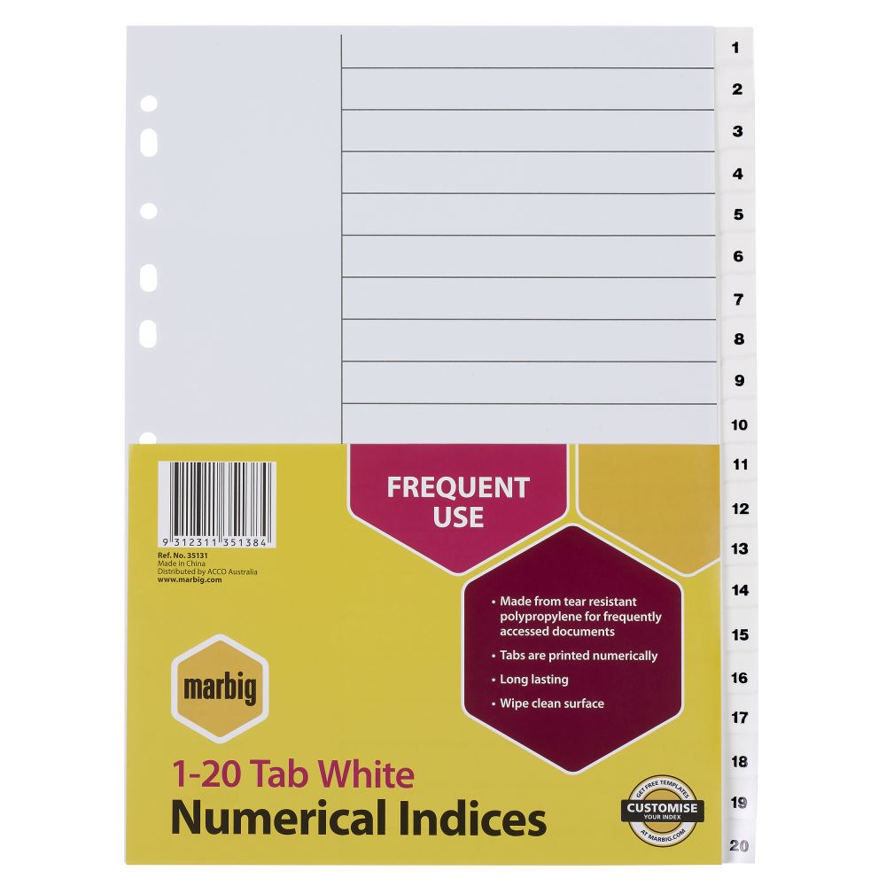 Durable white polypropylene A4 dividers with 20 numerical tabs for efficient document organization in binders.