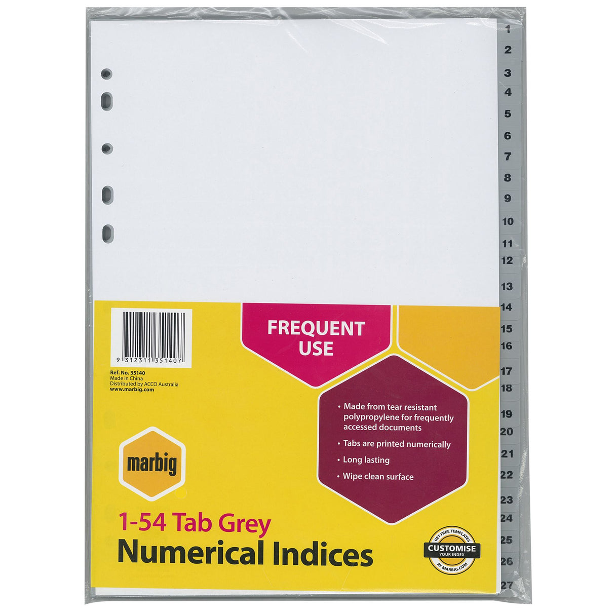 Marbig Grey PP A4 dividers with numbered tabs 1-54, ideal for organizing documents in binders, waterproof and wipe-clean.