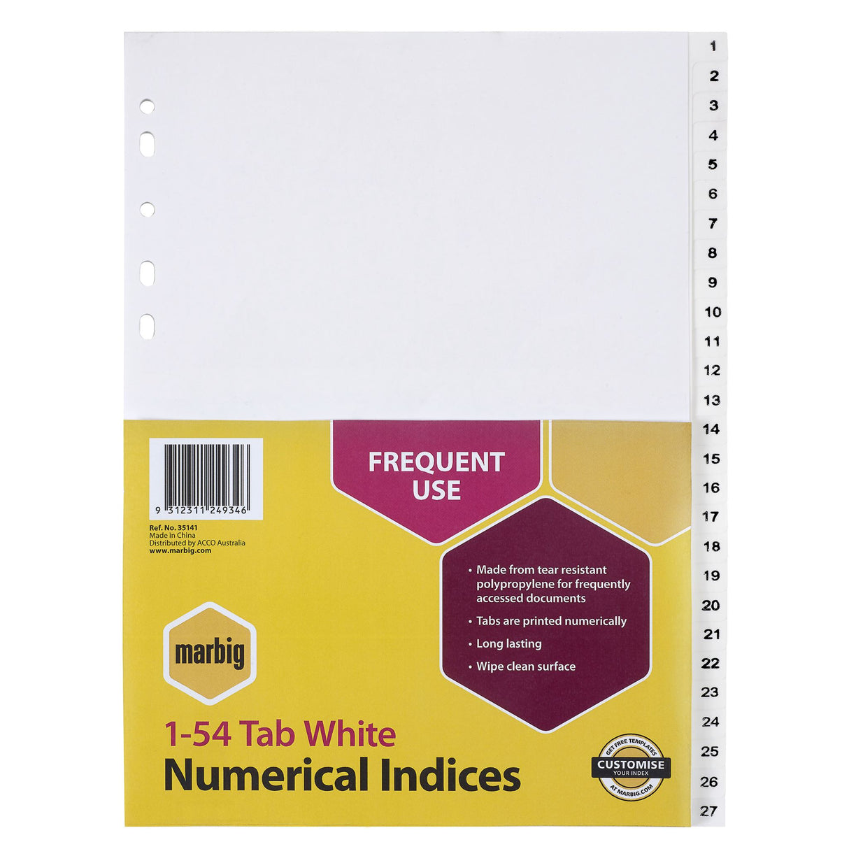 Marbig A4 white polypropylene indices with 1-54 tabs for organized, durable document management in binders.