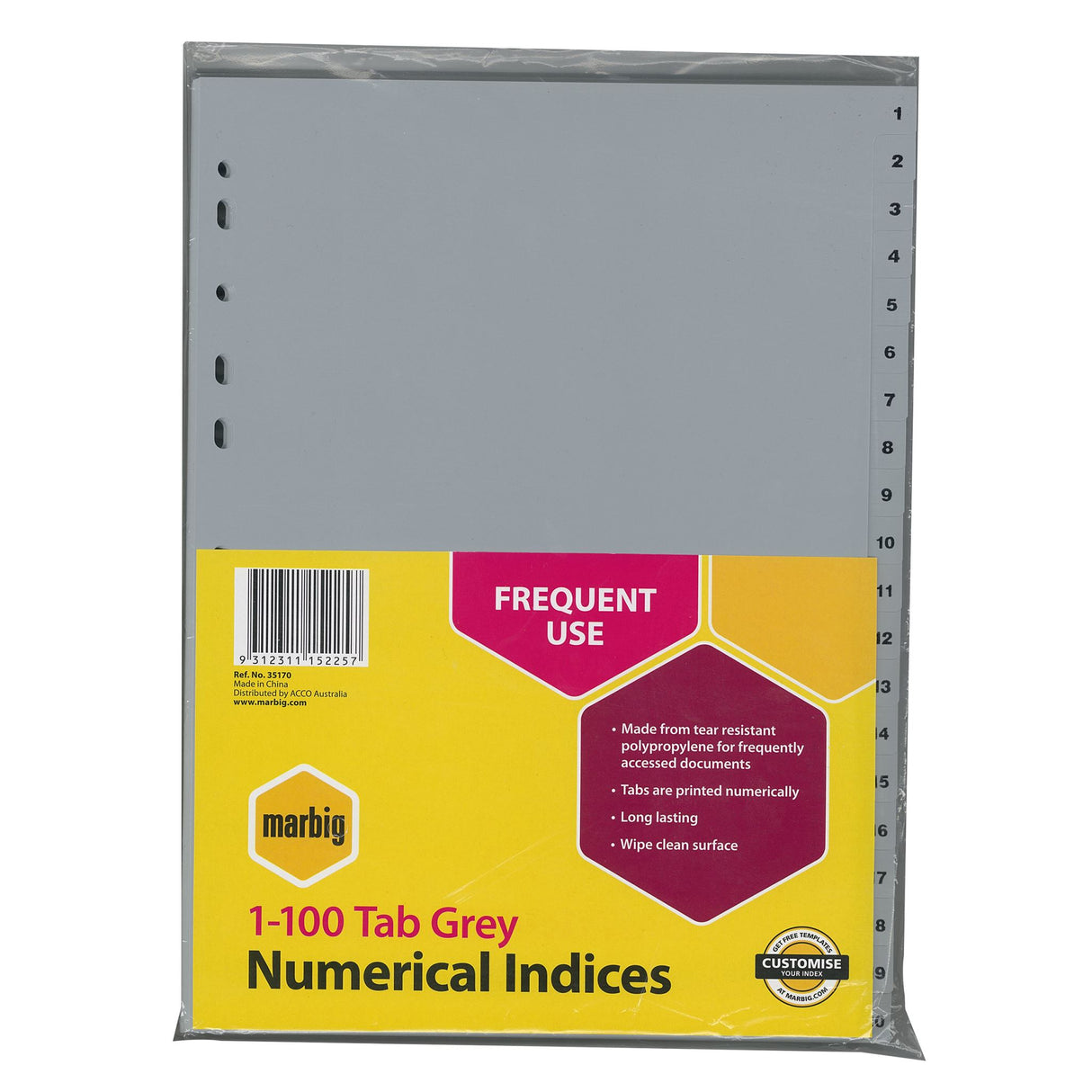 Grey polypropylene A4 indices with 1-100 tabs, waterproof for durable and frequent use in binders.