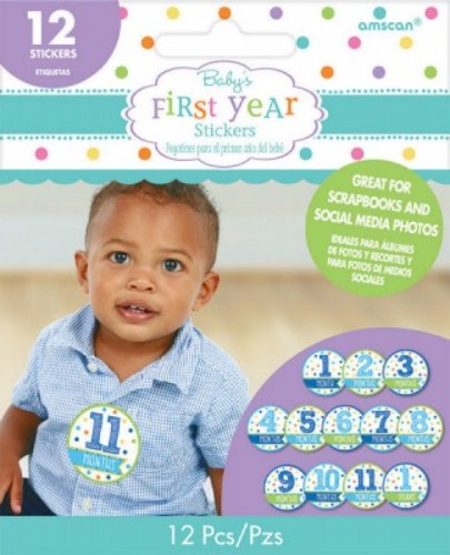 Adorable Month By Month Baby Shower Stickers for boys, pack of 12 to document first-year milestones.