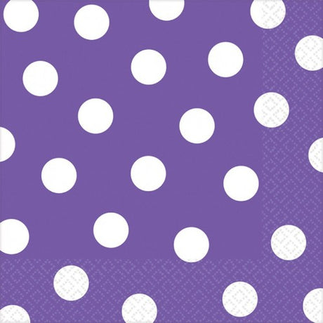 Vibrant New Purple Dots Lunch Napkins, pack of 16, perfect for stylish dining and versatile for any occasion.