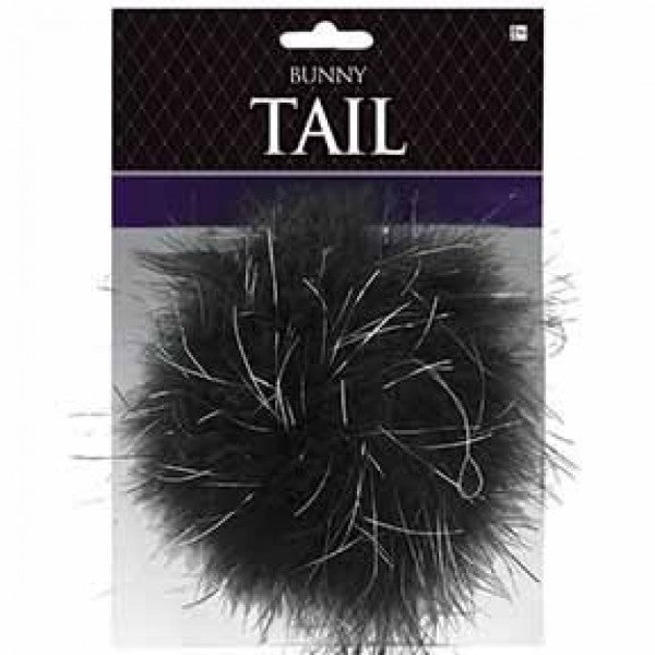 Black feather bunny tail accessory, 4 inches long, ideal for costume parties, cosplay, and Halloween fun.