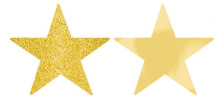 Gold foil and glitter star cutouts, 5 inches, perfect for party decor, crafts, and festive celebrations, pack of 5.