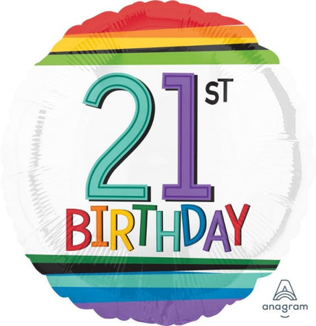 Vibrant 45cm rainbow foil balloon for 21st birthday celebrations, featuring a self-sealing design for easy inflation.