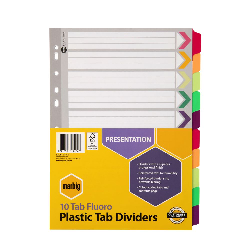 Marbig A4 dividers with fluorescent tabs, durable white manila board, compatible with standard binders.