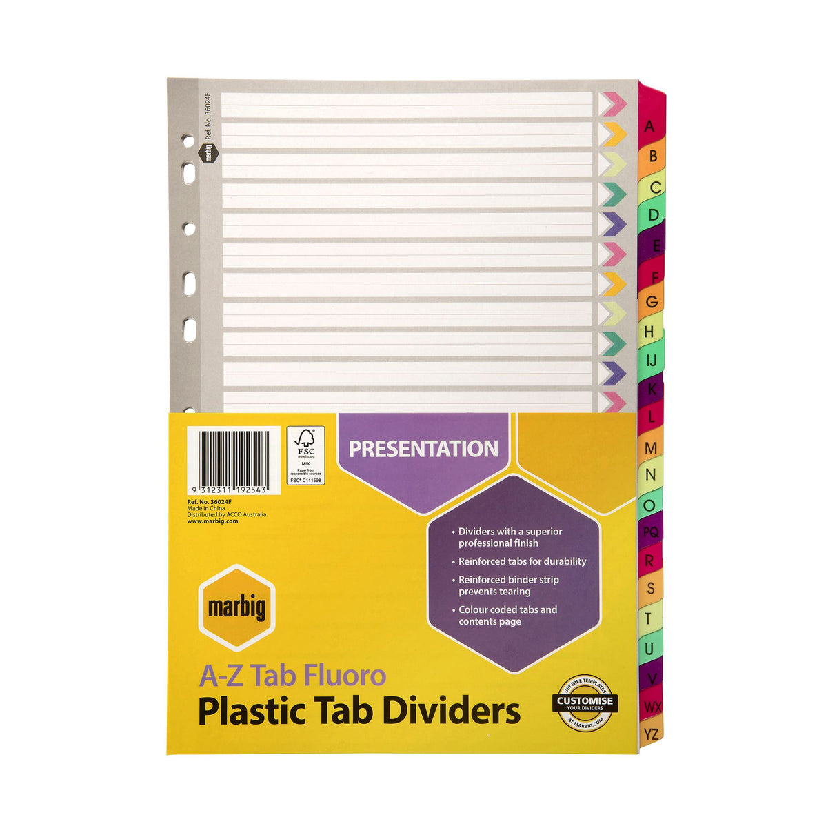 Reinforced A-Z Fluoro A4 dividers in vibrant colors, ideal for organizing documents in binders effortlessly.