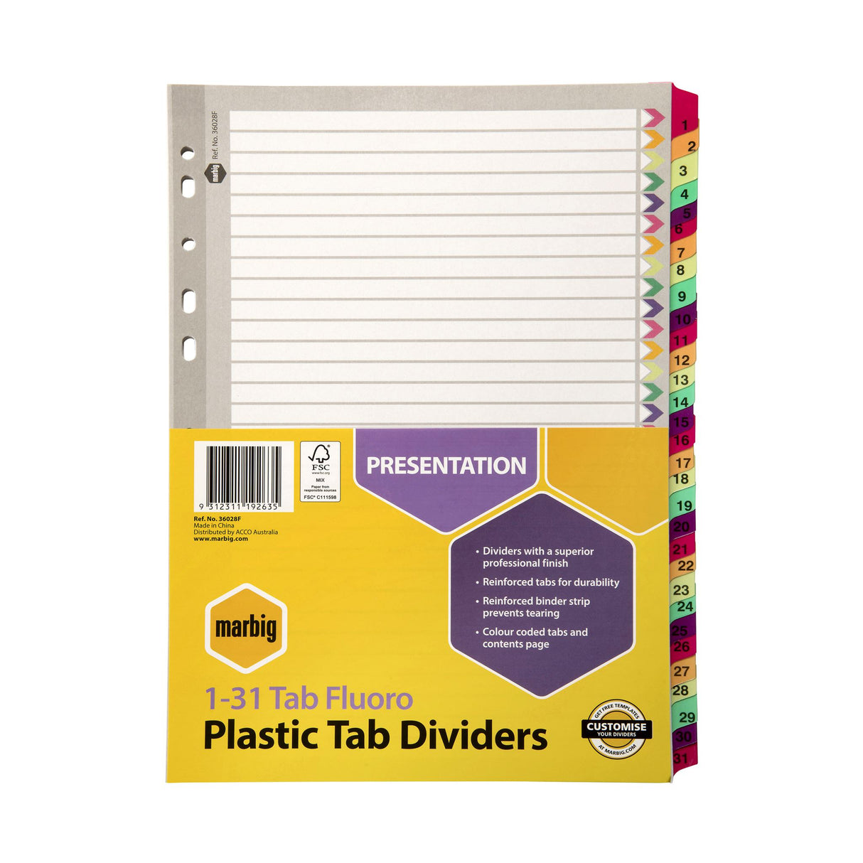 Reinforced A4 dividers with 31 vibrant tabs for easy organization and retrieval, perfect for school or office use.
