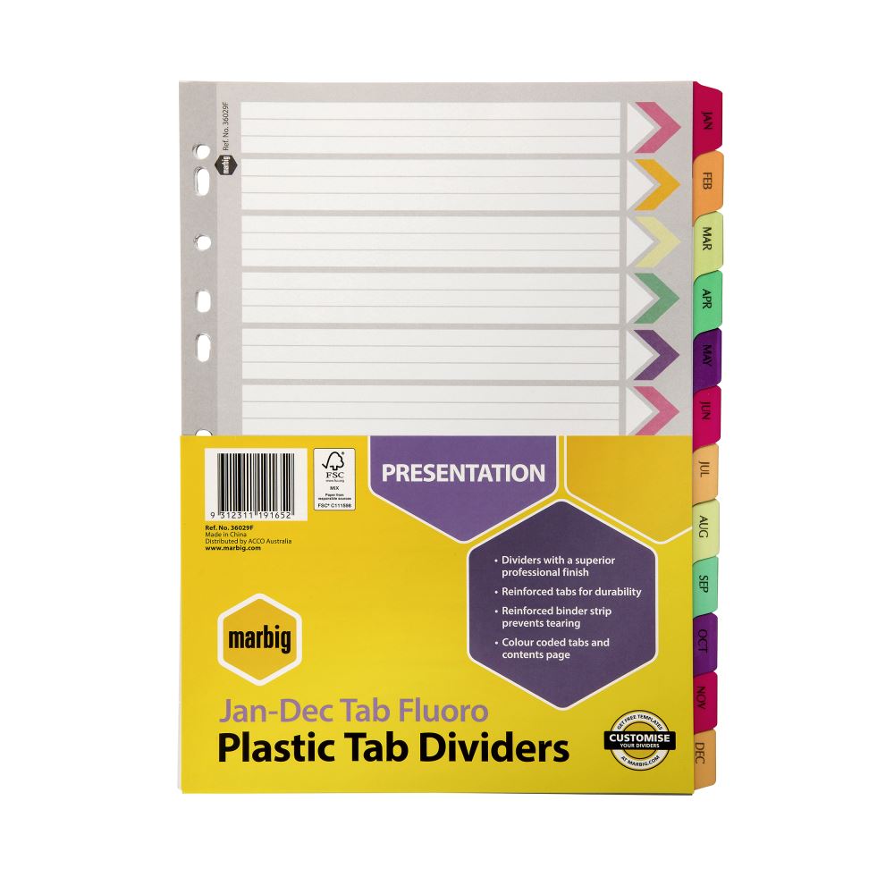 Vibrant Marbig Jan-Dec A4 dividers with plastic-reinforced tabs for organized document management and easy access.
