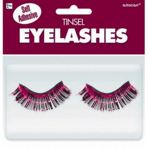 Luxurious Burgundy Tinsel Eyelashes enhancing your look with vibrant color and secure, comfortable fit. Perfect for special occasions.