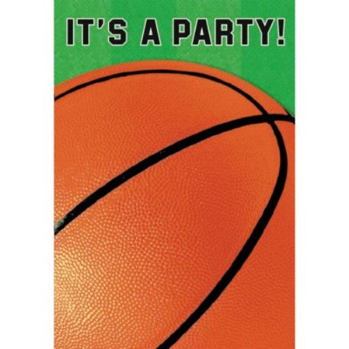 Basketball-themed folded invitations in vibrant design; pack of 8 for sports celebrations and parties.