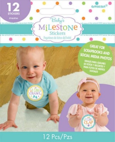 Vibrant pack of 12 baby milestone stickers to document precious first-year moments at baby showers.