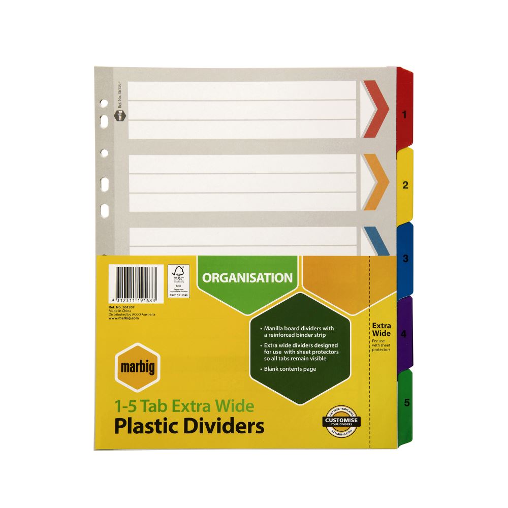 Marbig A4 board dividers with 1-5 tabs, reinforced for durability, ideal for organizing documents in vibrant colors.