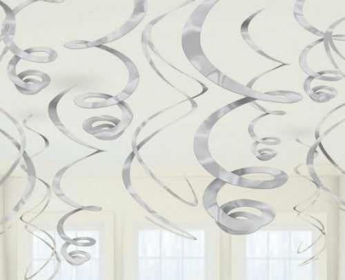 Pack of 12 silver plastic swirl decorations, each 22 inches, perfect for elegant party decor and celebrations.