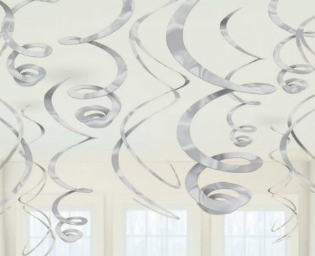 Pack of 12 silver plastic swirl decorations, each 22 inches, perfect for elegant party decor and celebrations.