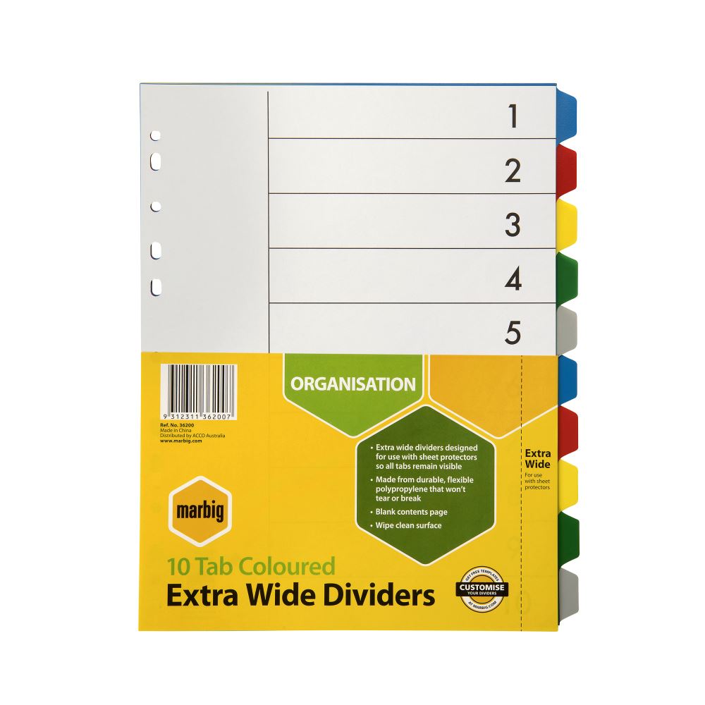 Extra wide Marbig dividers with 10 tabs in various colors for organized A4 document filing and easy access.